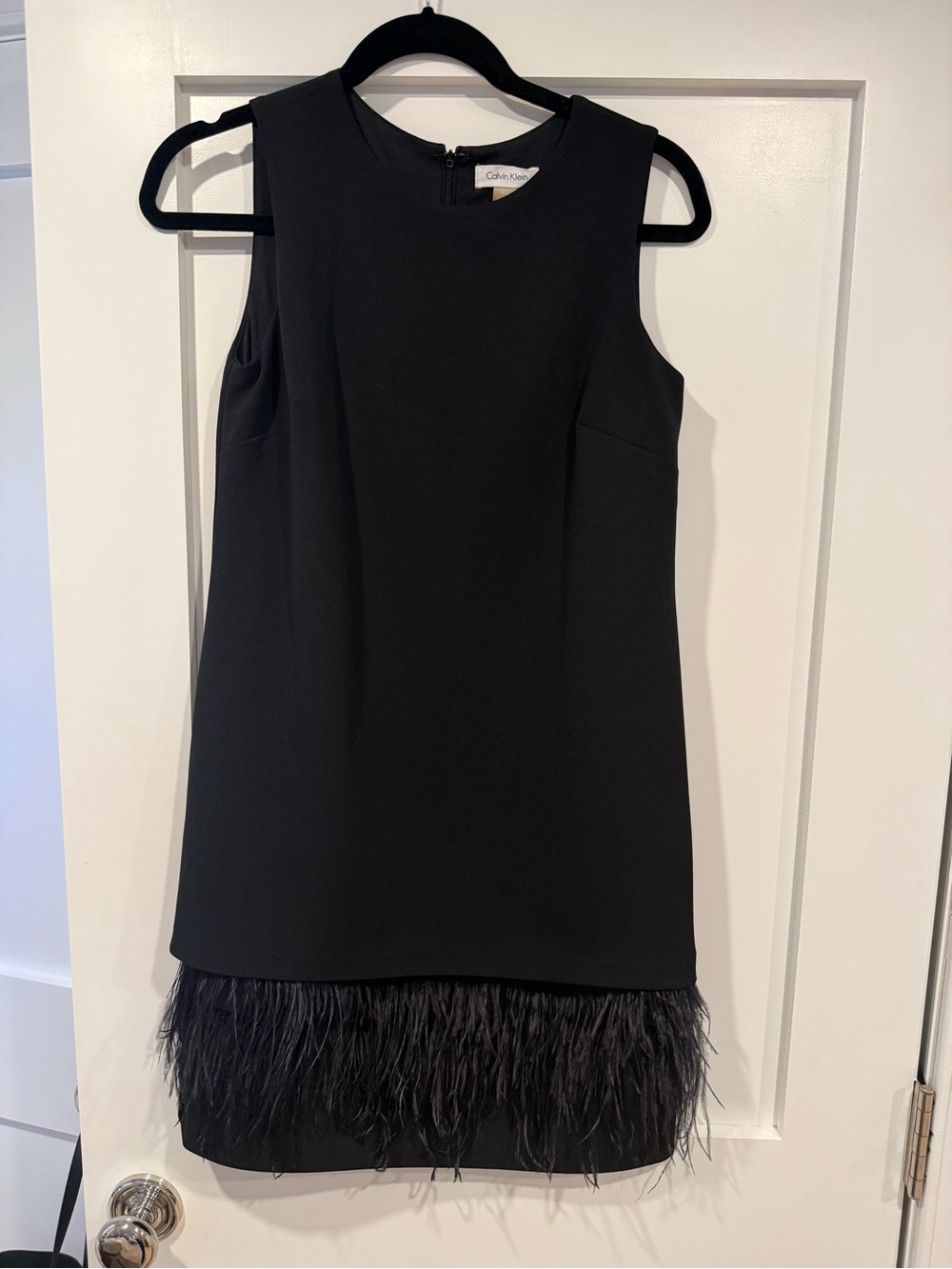 Calvin Klein Black Sleeveless Shift Dress with Feather Hem